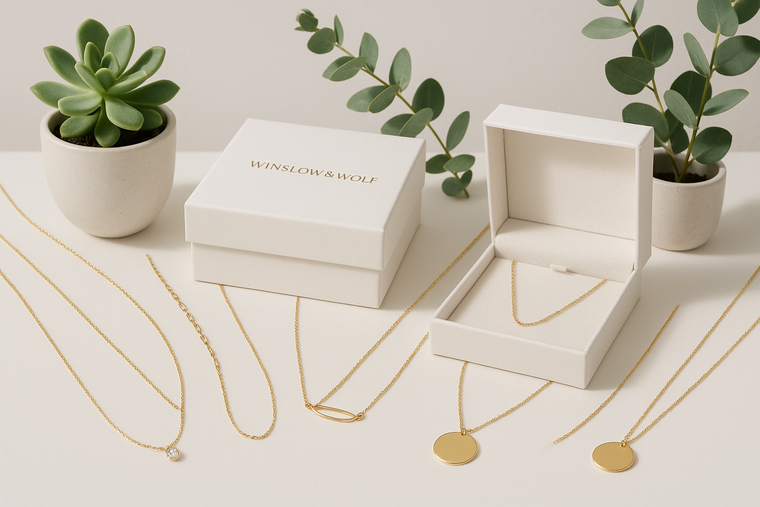 Winslow & Wolf necklaces with white boxes and plants